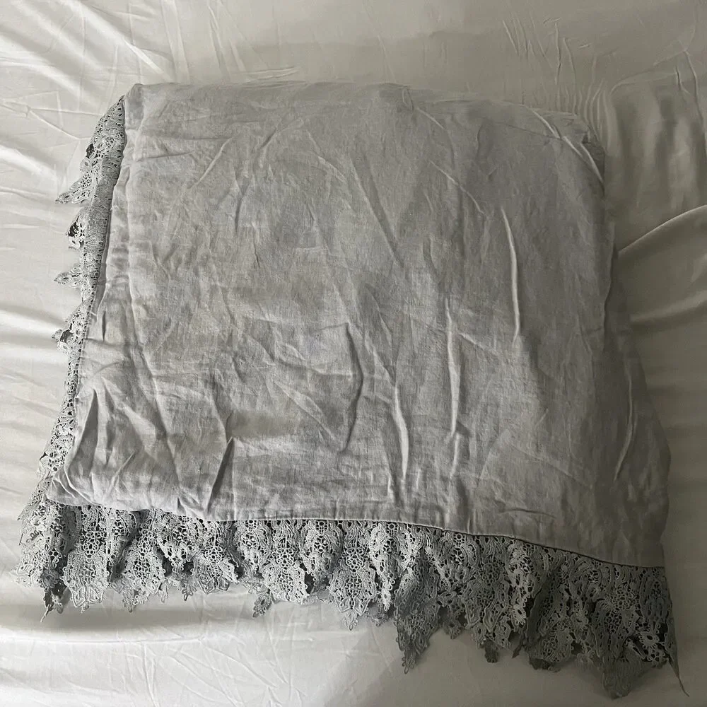 Wamsutta Vintage Evelyn Lace Trim King Duvet Cover Linen Cotton Gray